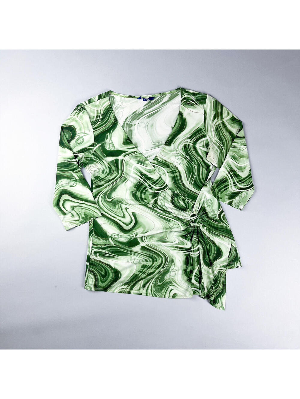 Y2K Green and White Marble Print Faux Wrap Top with 3/4 Sleeves